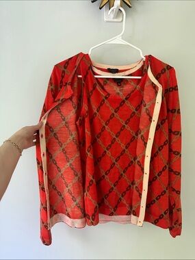 Chain-Print Red Button Front Cardigan